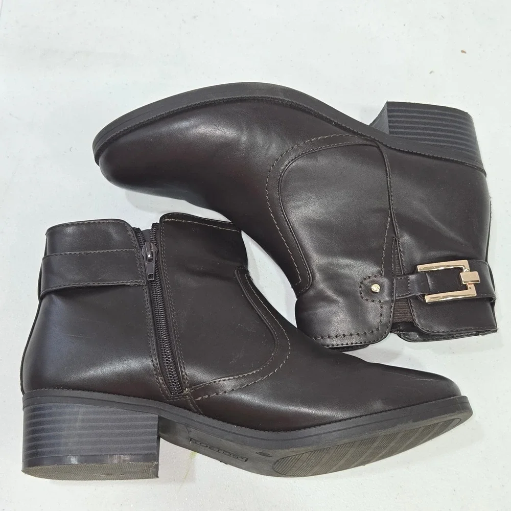 Toetos Alexis-03 Women Dark Brown Ankle Boots Side Buckle Low Block Heel Size 10